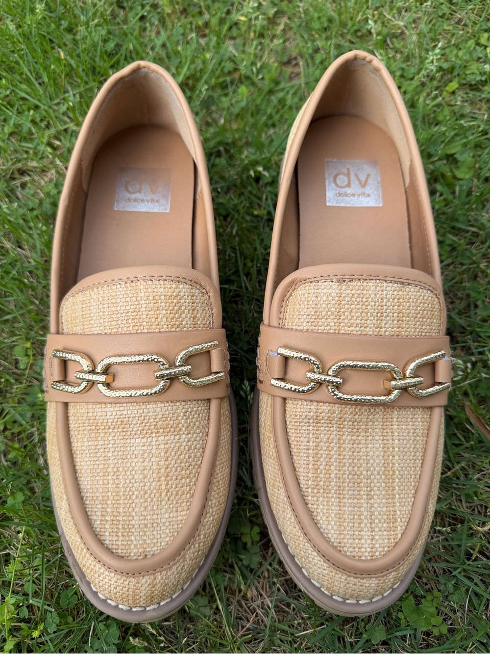 DV by Dolce Vita Tan Raffia-Trim Loafers with Gold Chain